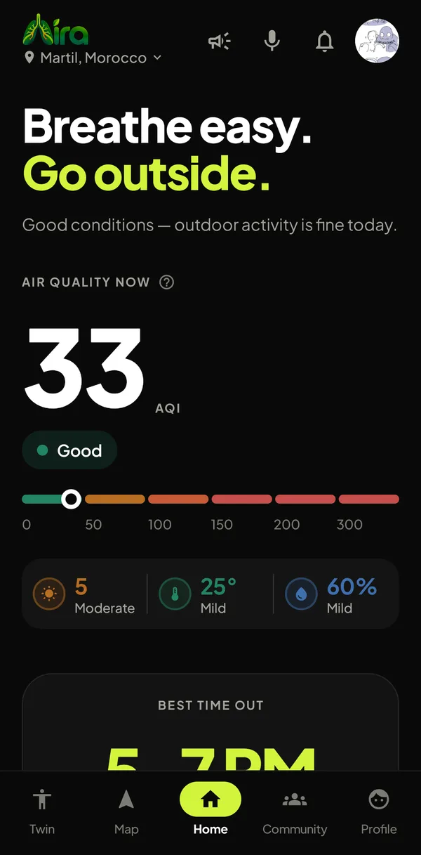 Aira home screen: air quality 33, Good, with UV, temperature and humidity