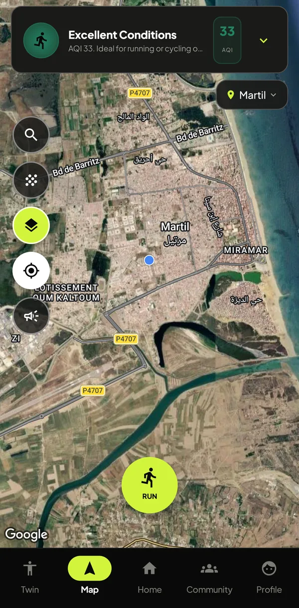 Map with a Run button and a banner saying conditions are excellent for running or cycling
