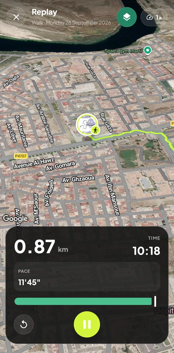 3D replay of a recorded walk with distance, time and pace
